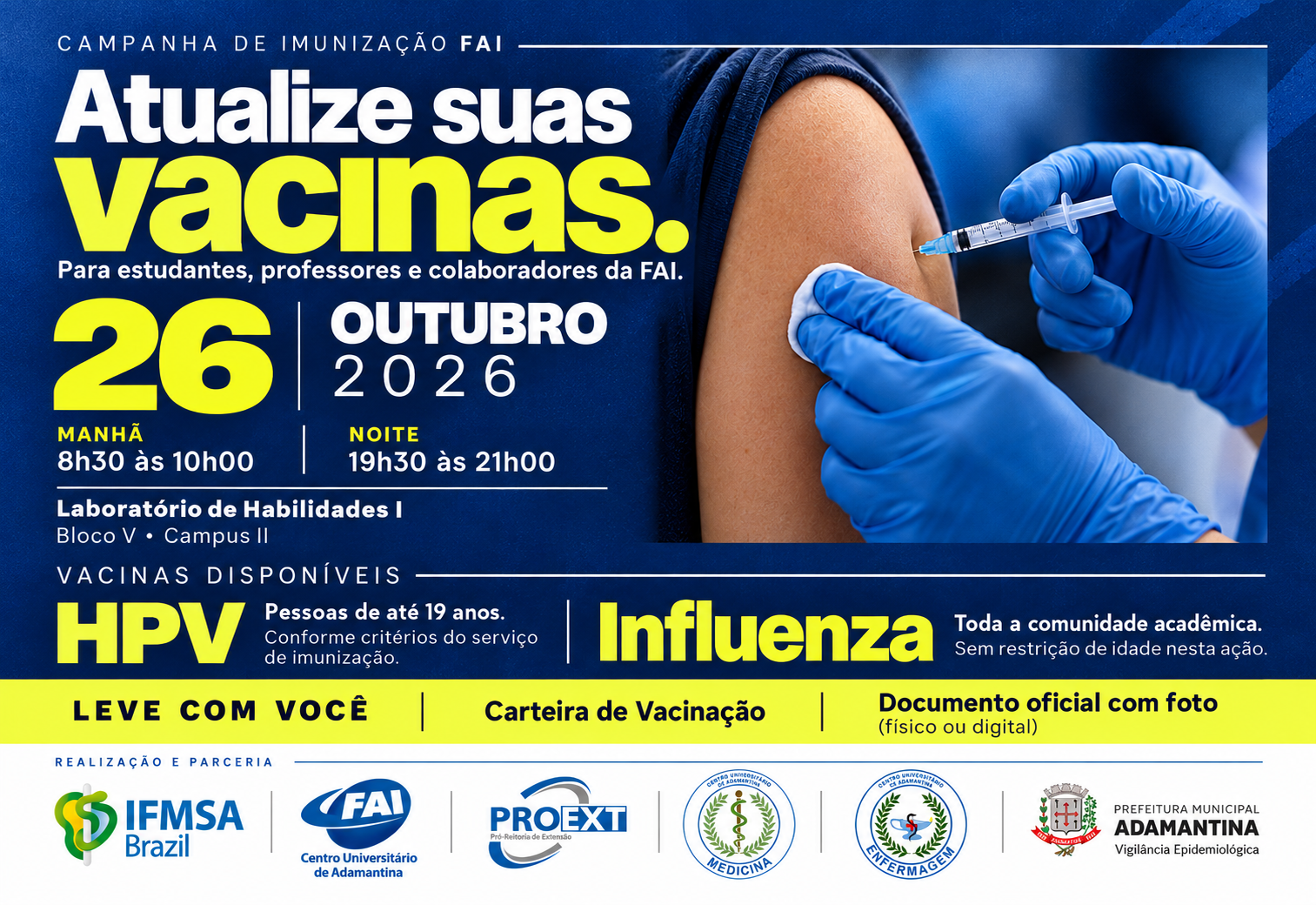FAI promove Campanha de Imunização para a comunidade acadêmica no dia 26 de outubro